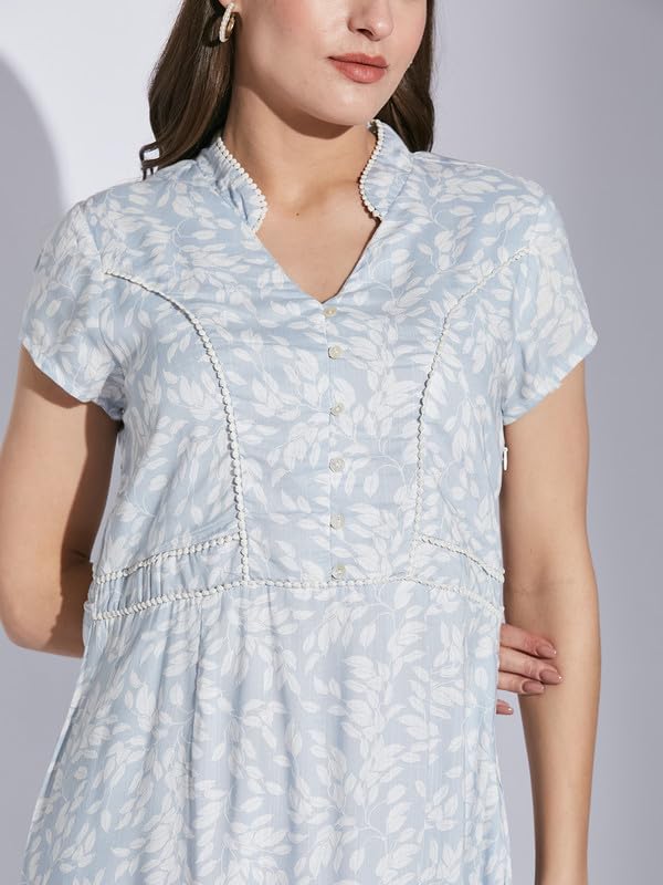 Latin Quarters Women Blue Mandarin Collar Half Sleeve Floral Dress_L