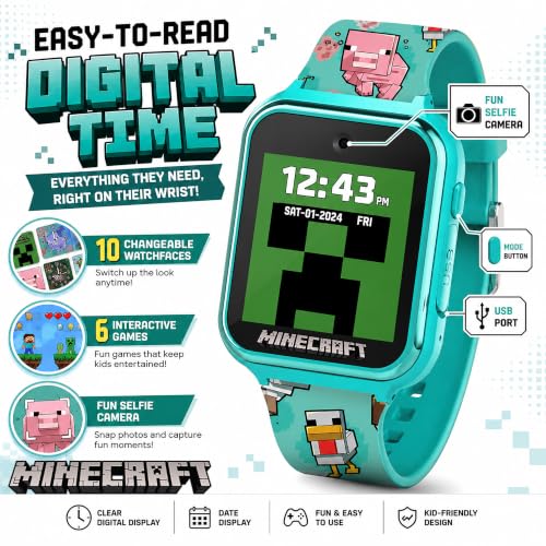 Minecraft Kids Smart Watch with Touchscreen Display, 10 Watch Faces, Games, Camera, Alarm, Timer, Step Counter & Calculator – Fun Interactive Learning Watch for Boys & Girls, Fits Wrist Sizes 5.5"-8",