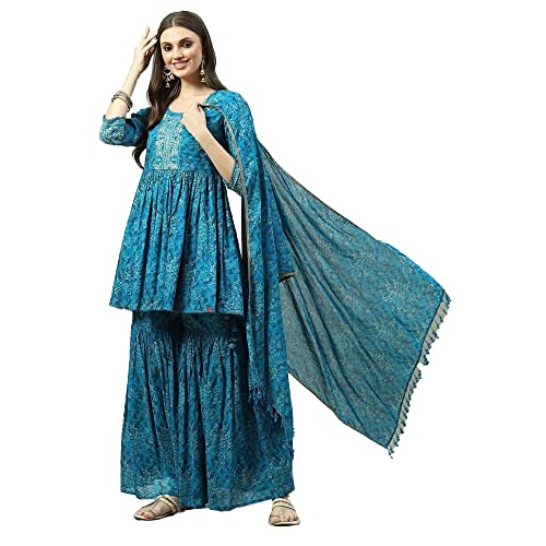 BIBA WOMEN PRINTED RELAXED SALWAR KURTA DUPATTA(SKDASSORTED8419_TEAL BLUE_40)