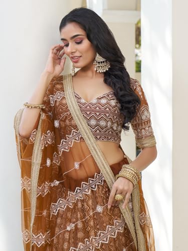 Zeel Clothing Women's Thread Sequins Work Embroidery Net Lehenga Choli with Dupatta (2132-Brown-Wedding-Women-Lehenga-Choli; Free Size)