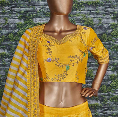 Zeel Clothing Yellow Floral Embroidered Art Silk Semi Stitched Lehenga Choli for Women (7025-Yellow-New-Wedding-Lehenga; Free)