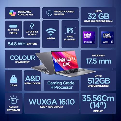 acer AspireGo14,Intel Core Ultra5 125H(14thgen) AI Processor,16 GB/512 GB, WUXGA IPS, 14.0"/35.56 cm, Win 11 Home, MS Office, Steel Gray, 1.5 kg, AG14-71M,Privacy Shutter,Backlit KB, Premium Laptop