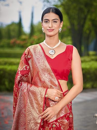 MANOHARI Women's Most Trendy Banarasi Satin Silk Woven Vibrant Red Saree With Heavy Jacquard Work Saree With Blouse Piece_MN2050