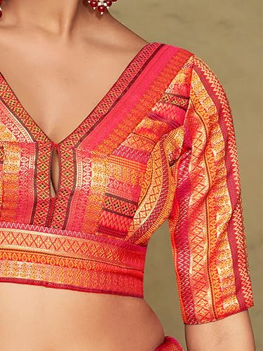 Vardha Women's Readymade Elbow Length Sleeves Golden Zari Saree Blouse (Orange)