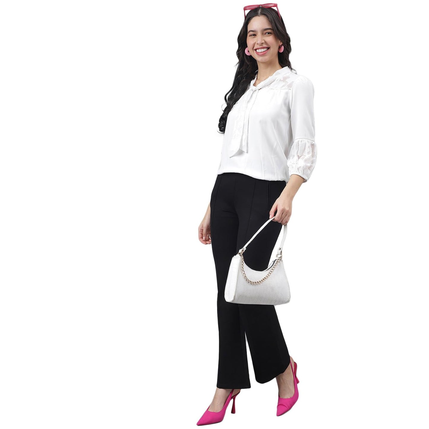 Latin Quarters Women White 3/4 Sleeve Tie-Up Neck Solid Top_M