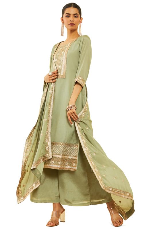 Soch Womens Sap Green Chinon Embroidered Suit Set With Sequins