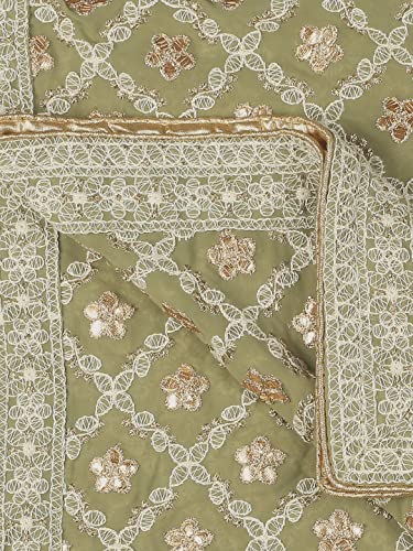 DUPATTA BAZAAR Women's Olive Green Georgette Lucknowi Work dupatta with Gotta Patti Work