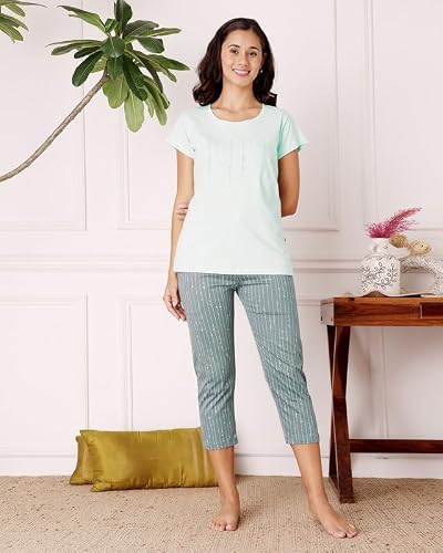 BODYCARE Women's Cotton Printed T-Shirt and Capri Set | Soft & Breathable Nightwear | Short Sleeves | Loungewear Co-Ord Set| BSCS16043_100 Multicolour