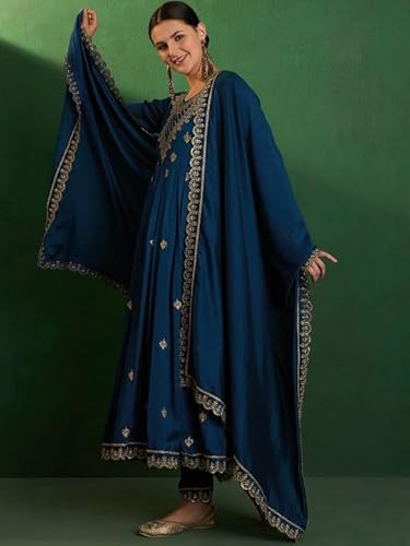 AVYUKTHA | Women Ethnic Motifs Embroidered Kurta with Trors & Dupatta | Traditional Thread Work Kurta Set for Festive & Daily | Navy | Size- 2XL