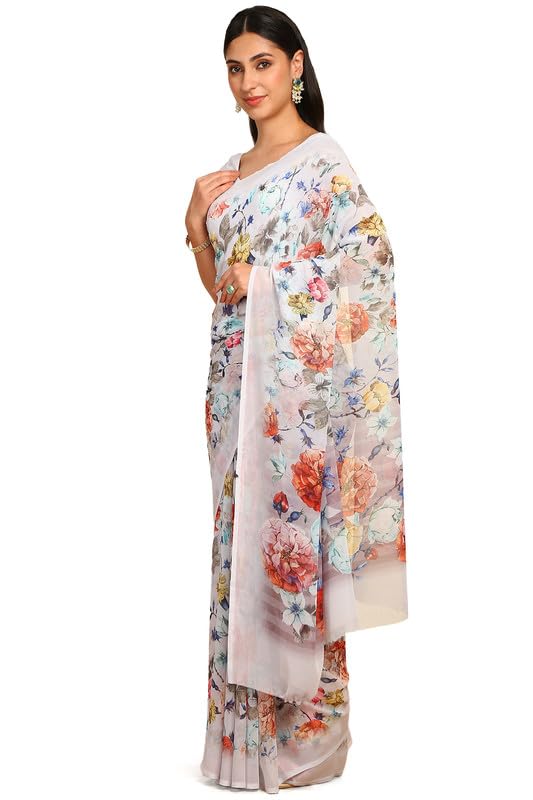 Soch Womens Off White Georgette Floral Print Saree