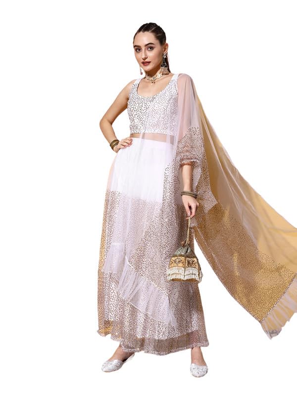 Ahalyaa White & Gold-Toned Printed Ready to Wear Lehenga & Blouse With Dupatta