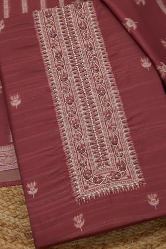Soch Womens Rust Art Tussar Floral Print Unstitched Dress Material With Pearl