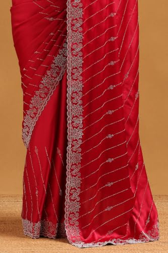 Soch Womens Fuchsia Satin Stonework Embellished Saree