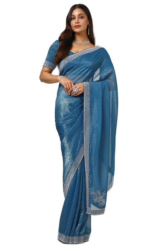 Soch Womens Blue Embellished Organza Saree With Stone Work