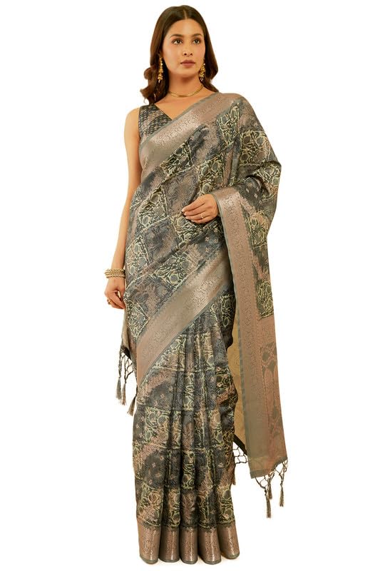 Soch Womens Charcoal Chanderi Jacquard Saree With Ethnic Print