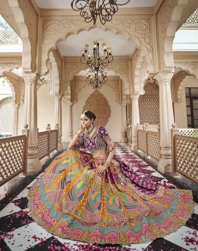 Luxury Bridal Lehenga Choli Set, Purple and Multicolor, Heavy Embroidered