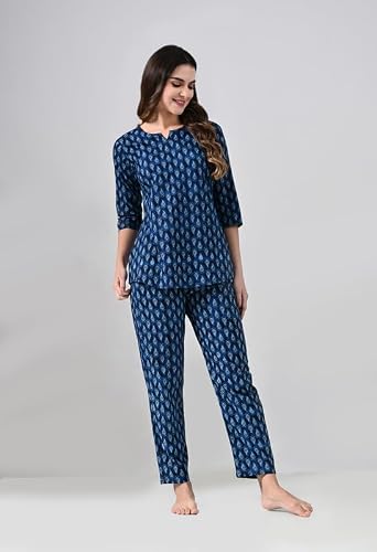 Ichaa Women Cotton Printed Night Wear Top and Payjama Night Suit Set, Blue, Large