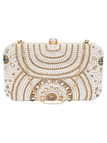 FABBHUE Women's White & Gold Beaded Hand Embroidered Party/wedding/Ethnic Box Clutch Bag Frame Purse with shoulder chain strap