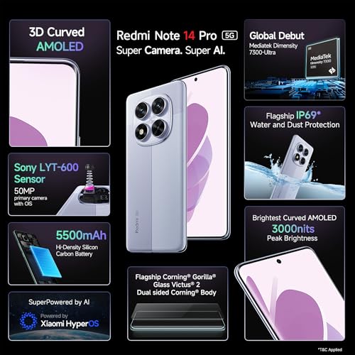 Redmi Note 14 Pro 5G Phantom Purple 8GB RAM 128GB Storage|50 MP Sony Camera Setup|Corning Gorilla Glass Victus 2 | 1.5K 3D Curved AMOLED | Mediatek Dimensity 7300- Ultra