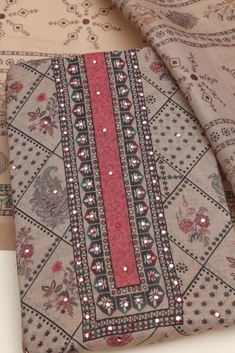 Soch Womens Beige Linen Shimmer Paisley Print Dress Material With Faux Mirror