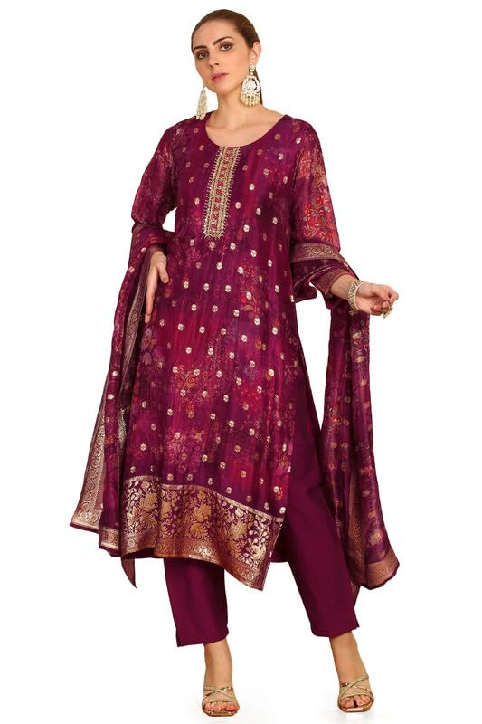 Soch Womens Magenta Floral Printed Organza Suit Set