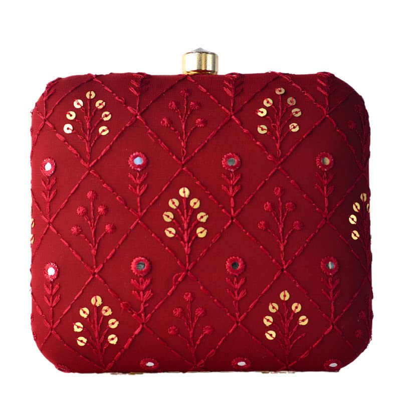 Artklim Maroon Color Embroidered Box Shaped Clutch