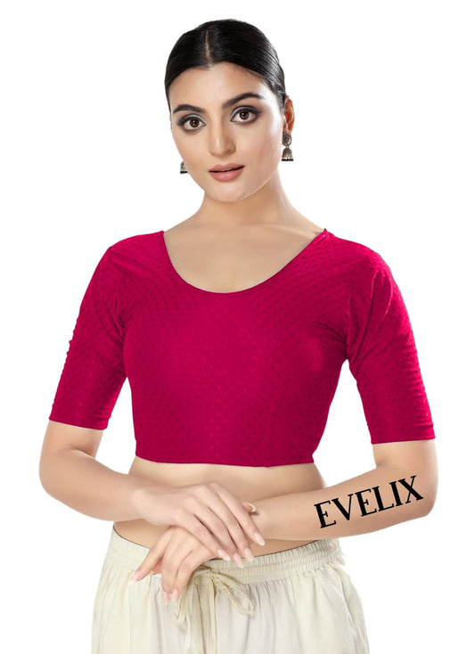 EVELIX Women's Readymade Dobby Cotton Lycra Stretchable Round Scoop Neck Half Sleeve Fancy Blouse for Women Designer Blouses for Saree, Choli, and Lehenga (34, Magenta Pink)
