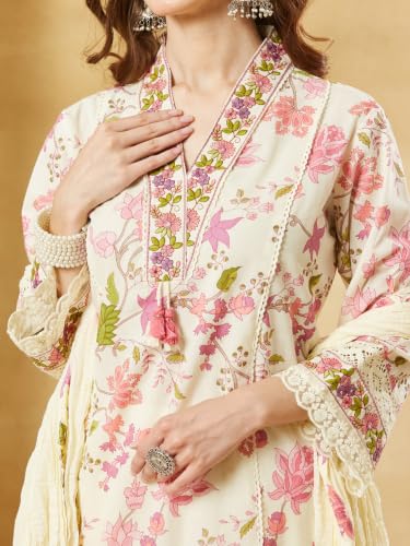 Divena White Cotton Floral Kurta Sets With Dupatta