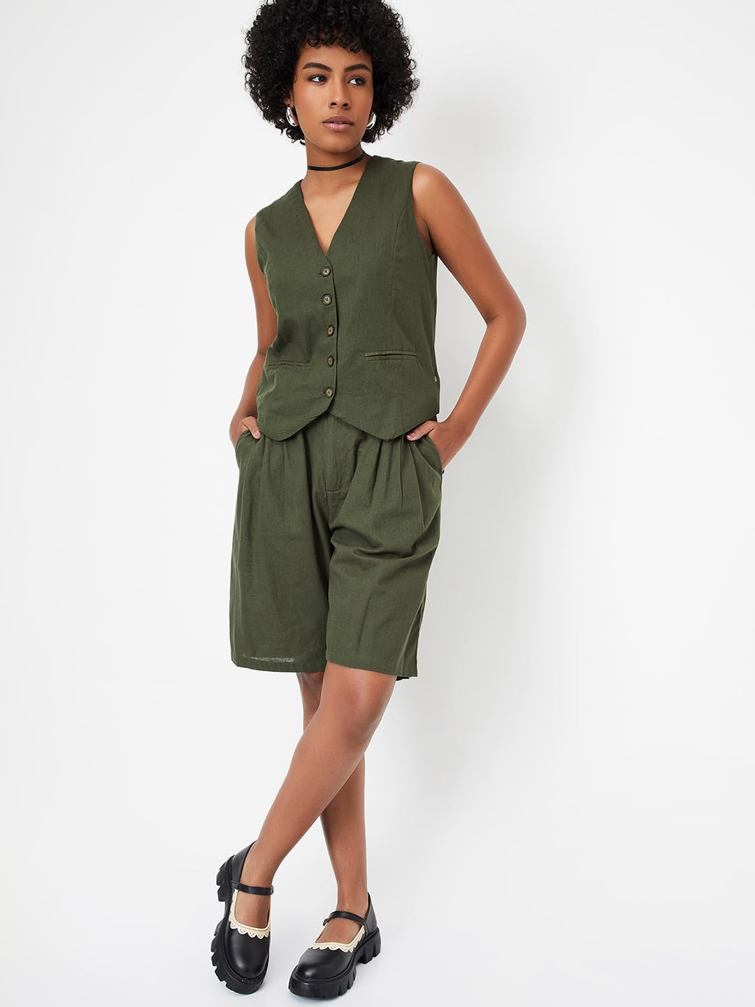 Max Women Solid Waistcoat Style Top_Olive_XS