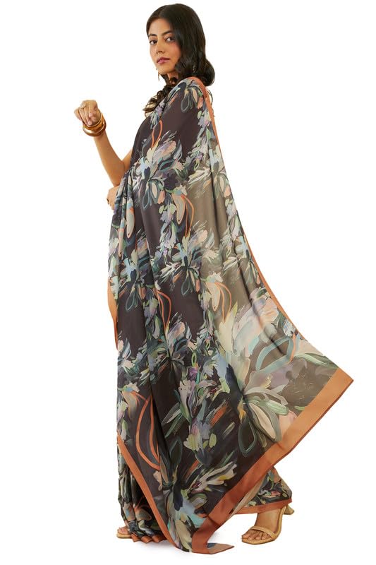 Soch Womens Black Floral Print Crepe Saree