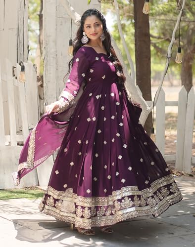 Fashion Basket Women's Red Georgette Anarkali Kurta Set with Duptta for Women (Purple, XL)