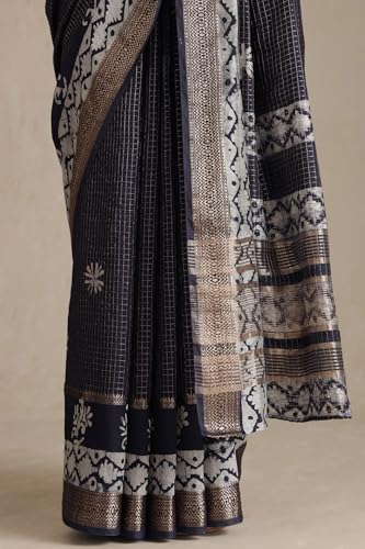 Soch Womens Navy Blue Art Silk Batik Print Saree With Zari