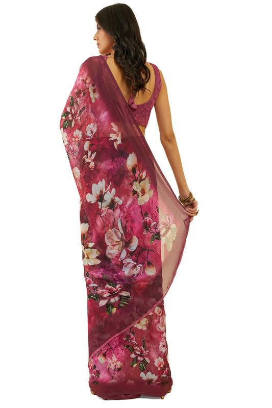 Soch Womens Fuchsia Floral Print Georgette Saree