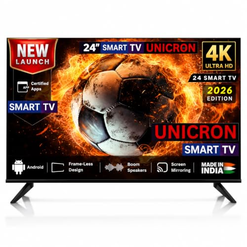 UNICRON 24”INCH Frameless HD Ready Android Smart LED TV | WiFi Enabled | Built-in Apps Compatible (YouTube, Netflix, Prime Video) | HDMI, USB Connectivity | Slim & Stylish UN24S