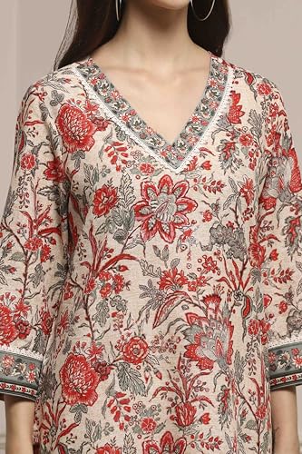 Biba Women Off White Cotton Straight Printed Kurta_42