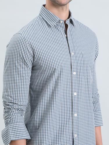 GO COLORS Collared Casual Check Shirt for Men | Pure Cotton, Full Sleeves, Regular Fit, Patch Pocket | (Dark Jean Blue, 44)