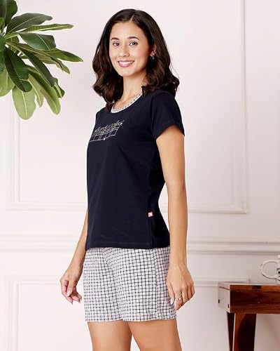 BODYCARE Women's Cotton Printed T-Shirt and Shorts Set | Soft & Breathable Nightwear | Short Sleeves | Loungewear Co-Ord Set | BSSS17033_95 Multicolour