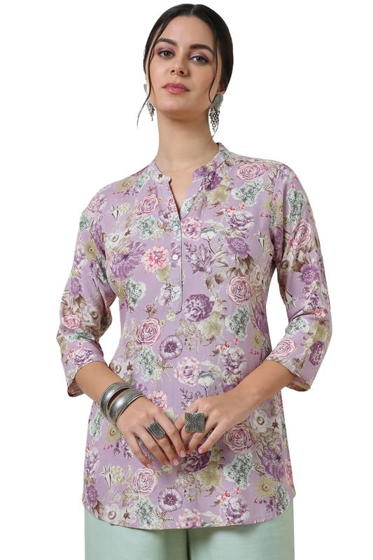 Soch Womens Purple Rayon Slub Floral Print Straight Tunic