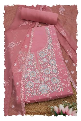 Soch Womens Peach Organza Floral Print Unstitch Dress Material With Cutdana