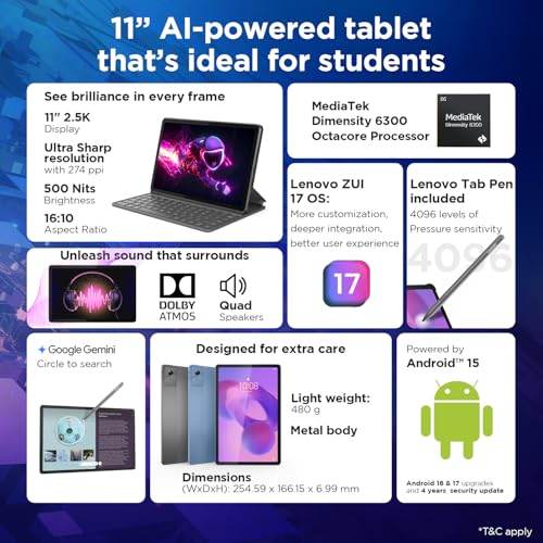 Lenovo Idea Tab Smartchoice | Wi-Fi + 5G |11" Display, 2.5K Resolution, 90Hz Refresh|8GB RAM, 256GB ROM| MediaTek Dimensity 6300| 7040mAh|4 Speakers| USB-C| Luna Grey