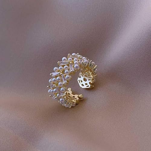 Bling Queen Women's Open Ring Studded With Pearls And Cubic Zirconia