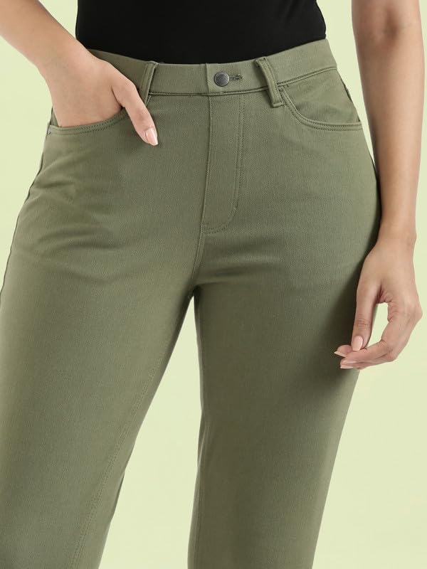 GO COLORS Soft Cotton Stretch Jeggings 7-8th Length for Women| Breathable, Mid Rise, Olive