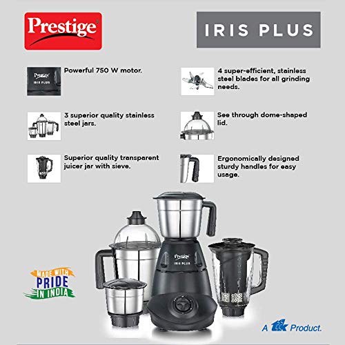 Prestige Iris 750 Watt Mixer Grinder with 4 Jars (3 Stainless Steel + 1 Juicer) | Super Efficient SS Blades | Black | 2Y Warranty | ISI Certified