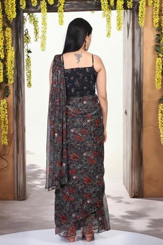 W for Woman Black Floral Printed Sequined Pre-Draped Georgette Saree with Blouse - (WS13896-127633-XL)