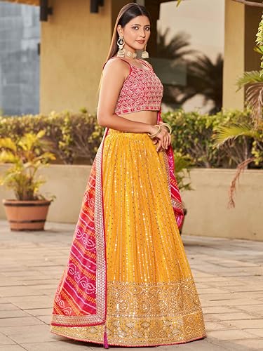 Zeel Clothing Women's Real Mirror Work Georgette New Semi-Stitched Lehenga Choli With Dupatta (5077-Yellow-Pink-Wedding-Designer-New; Free Size)