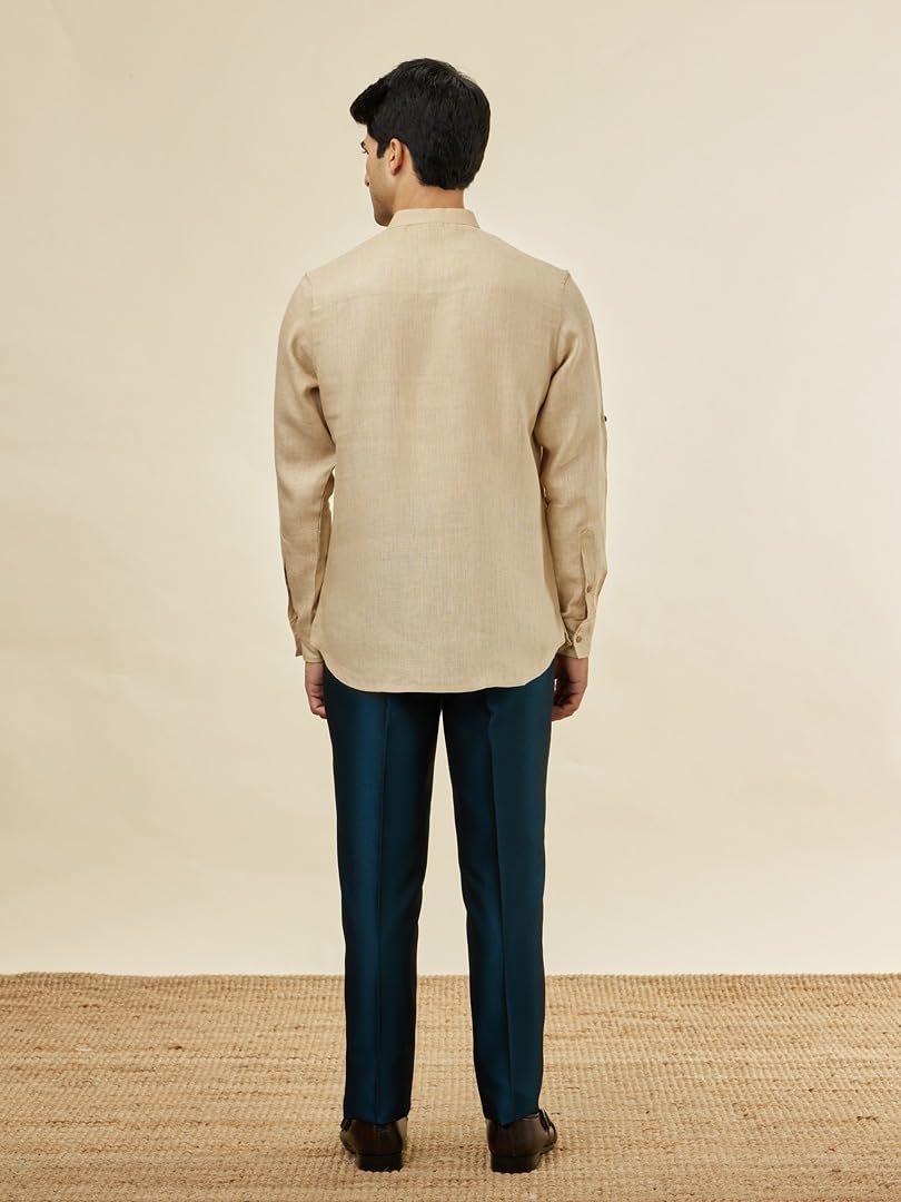 Manyavar Mens Fawn Linen Short Kurta