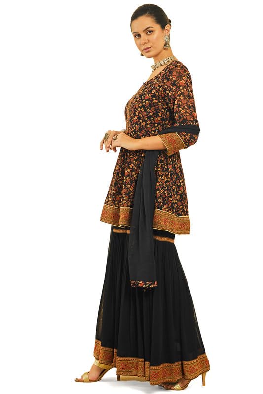 Soch Womens Black Georgette Floral Print Sharara Suit Set