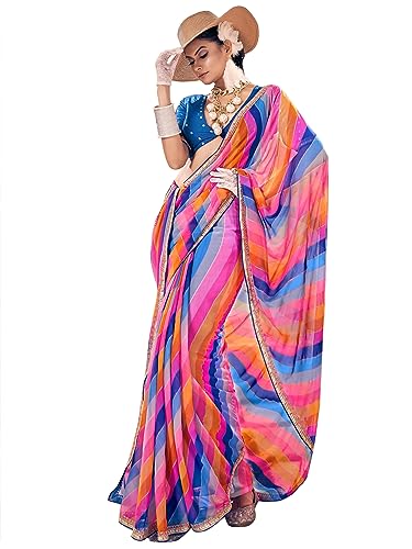 AKHILAM Women's Georgette Multicolored Embellished Designer Saree With Blouse Piece(SAWAN1004_SS)