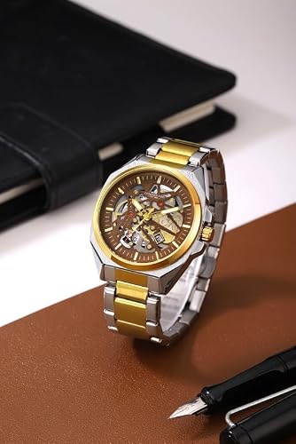 London Fog Portobello Collection Skeleton Analog Watch for Men with Mechanical Gear Dial, Luminous Hands & Hour Markers, Date Display and Two-Tone Brushed & Polished Stainless Steel Strap LFM10027-55