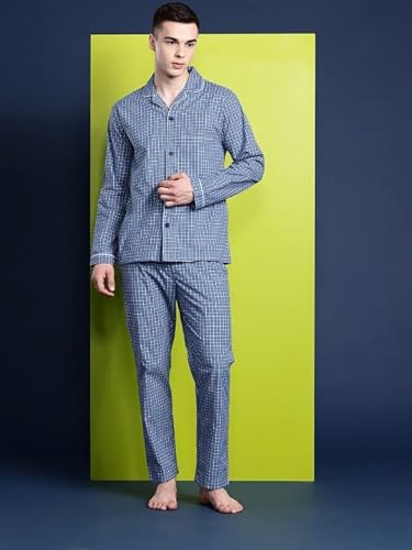 Hancock Men Checked Pure Cotton Night Suit Blue-S